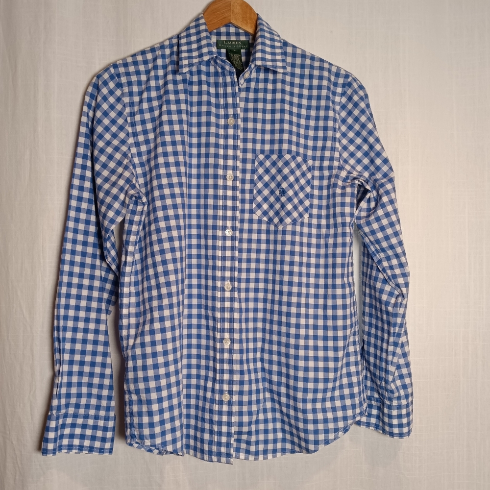 Ralph Lauren Vintage Women's Cotton Long Sleeve Gingham Check Shirt Blue/White